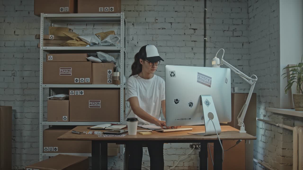 Warehouse employee using a computer