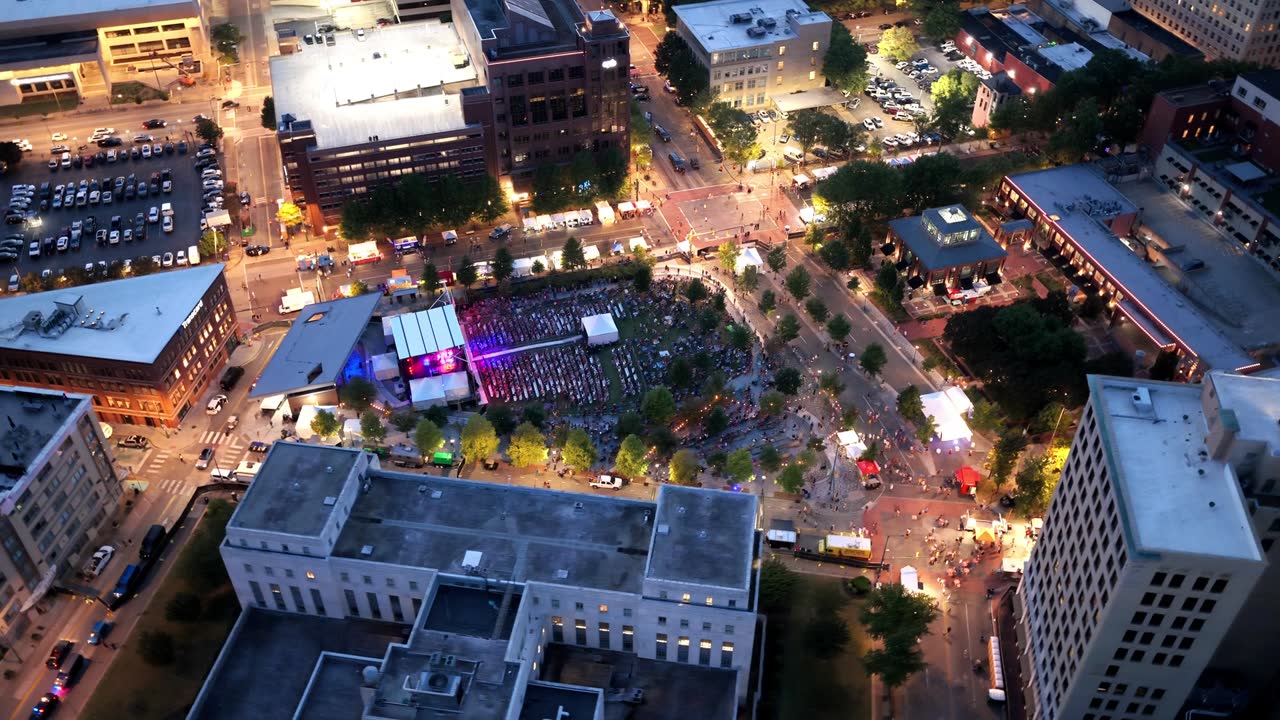 Aerial night view of a city plaza
