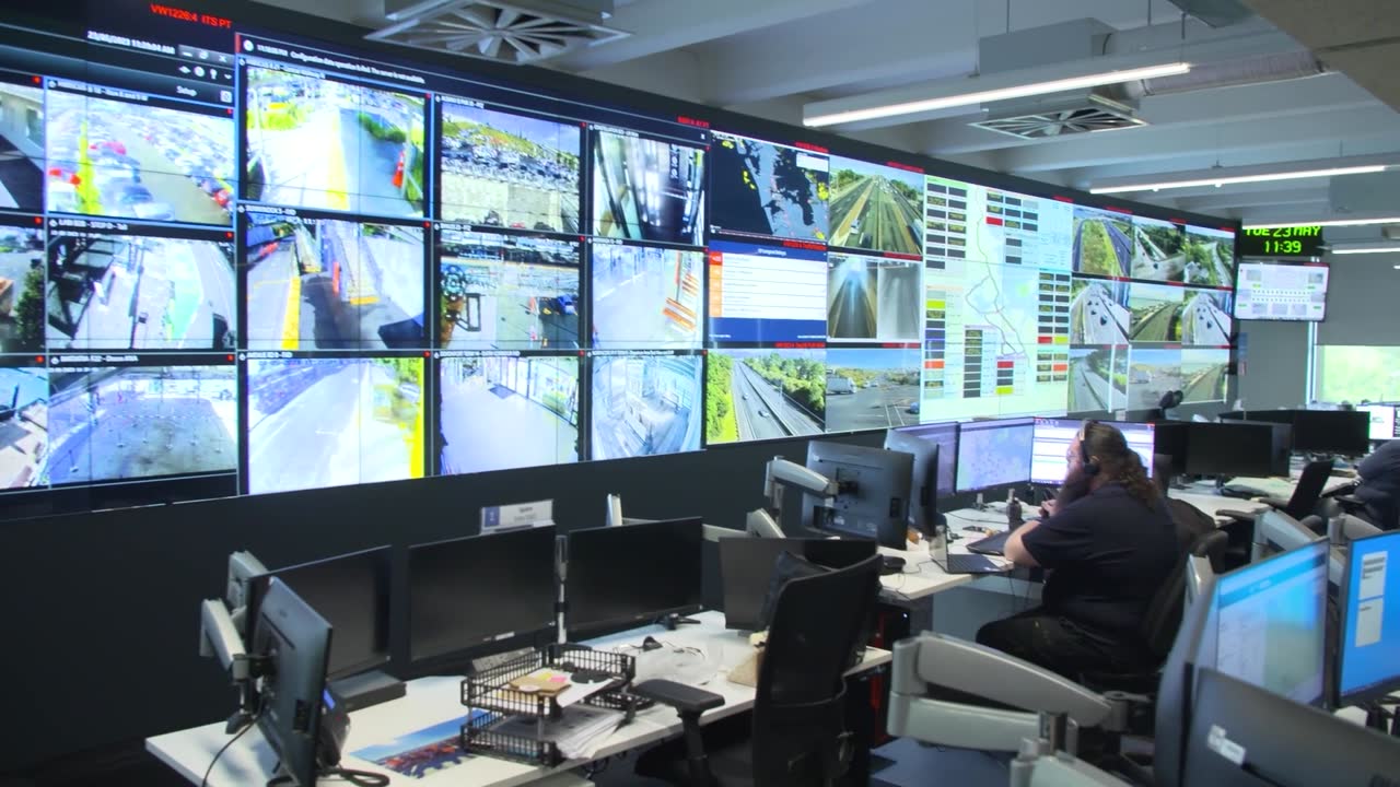 Control room with camera monitors