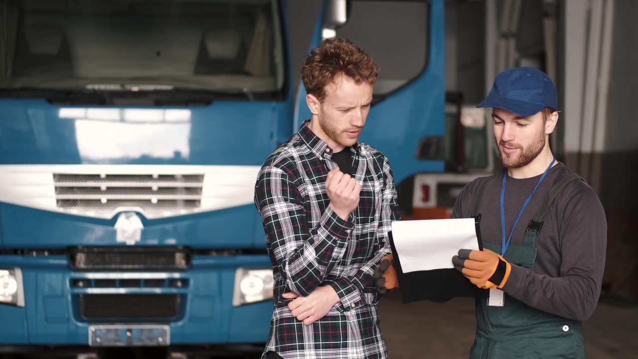 Two workers reviewing a list in front of a truck